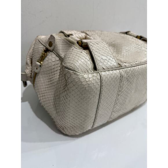 Jimmy Choo Suede Trim Python Embossed Leather Shoulder Top Handle Bag Off White - Picture 13 of 13